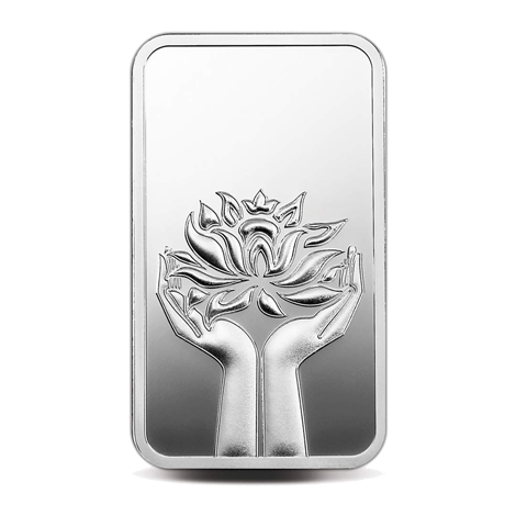 A 100 gm Silver Bar featuring Lotus of 999.9 Purity.
