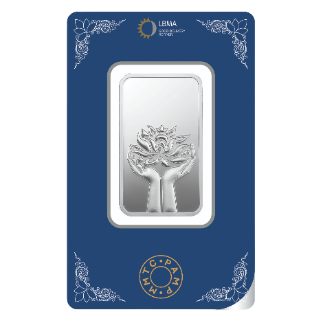A 100 gm Silver Bar featuring Lotus of 999.9 Purity.