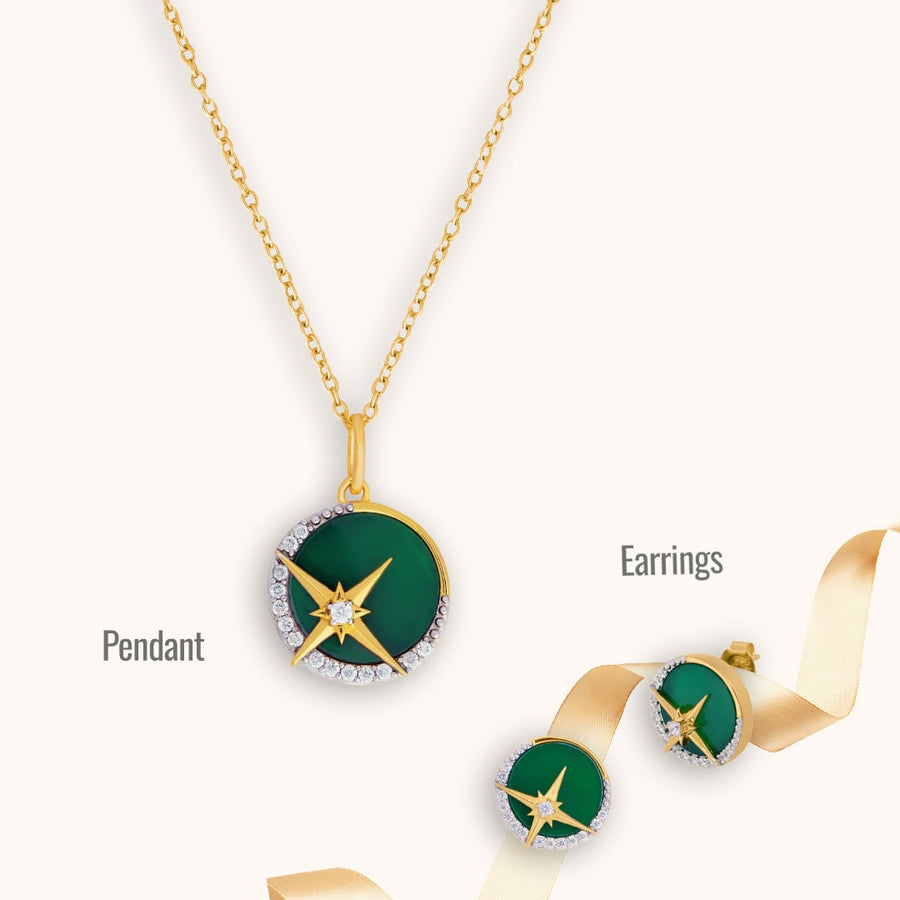 A Combo featuring Pendant, Earrings and Gold Chain made with Green Onyx.