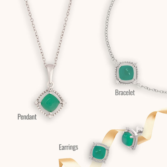 Nature's Splendor: Green Onyx Sugar Loaf and Cubic Zirconia Jewelry Trio with Silver Chain