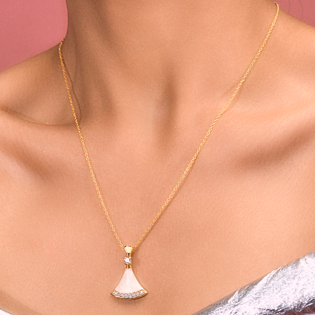 A woman wearing Gold-Finished Pearl Enamel Pendant.