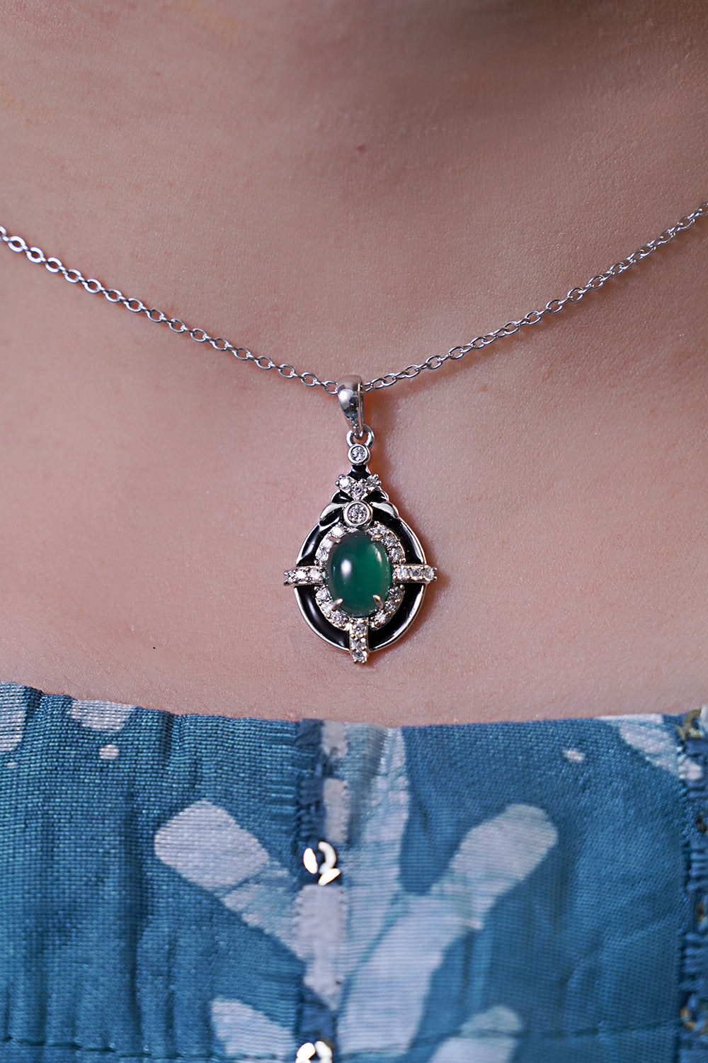 Glamorous Greens: Green Onyx and Cubic Zirconia Pendant and Drops Set with Silver Chain