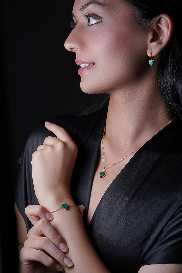 Verdant Love's Malachite Heart Jewelry Collection: Pendant, Hoop Earrings, and Bracelet with Golden Chain