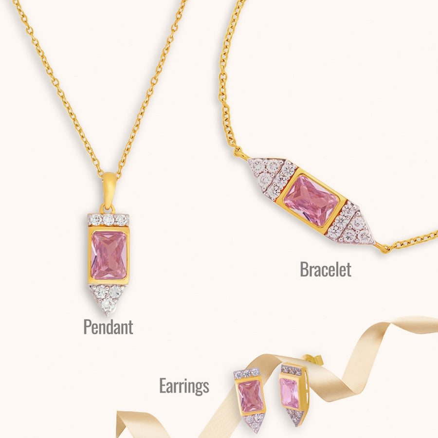 A Combo of Radiant Rose Pink Pendant, Bracelet, Earrings and Golden Chain.