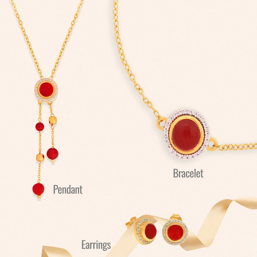 A Combo of Pendant, Bracelet and Earrings featuring Red Onyx and Cubic Zirconia.