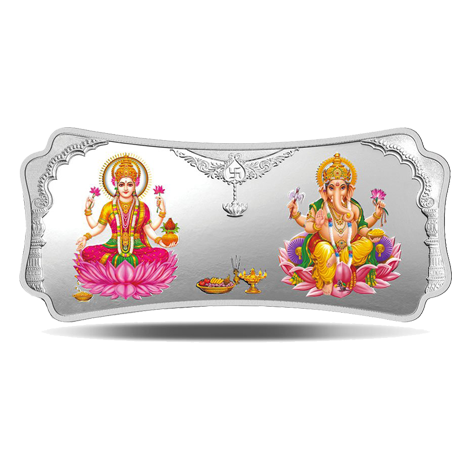 A 50 gm Silver Bar featuring Stylized Lakshmi Ganesha with 999.9 Purity.