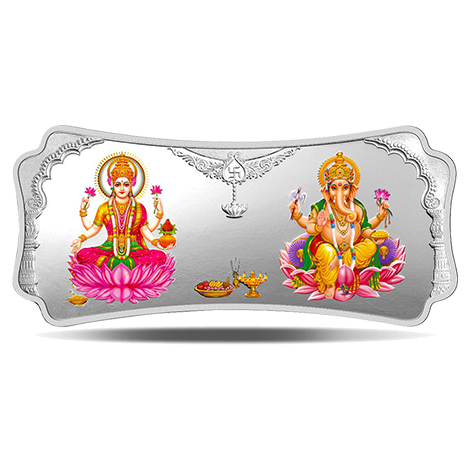 A 100 gm Silver Bar featuring Stylized Lakshmi Ganesha Silver with 999.9 Purity.