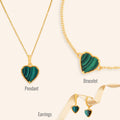 Verdant Love's Malachite Heart Jewellery Collection: Pendant, Hoop Earrings, and Bracelet with Golden Chain