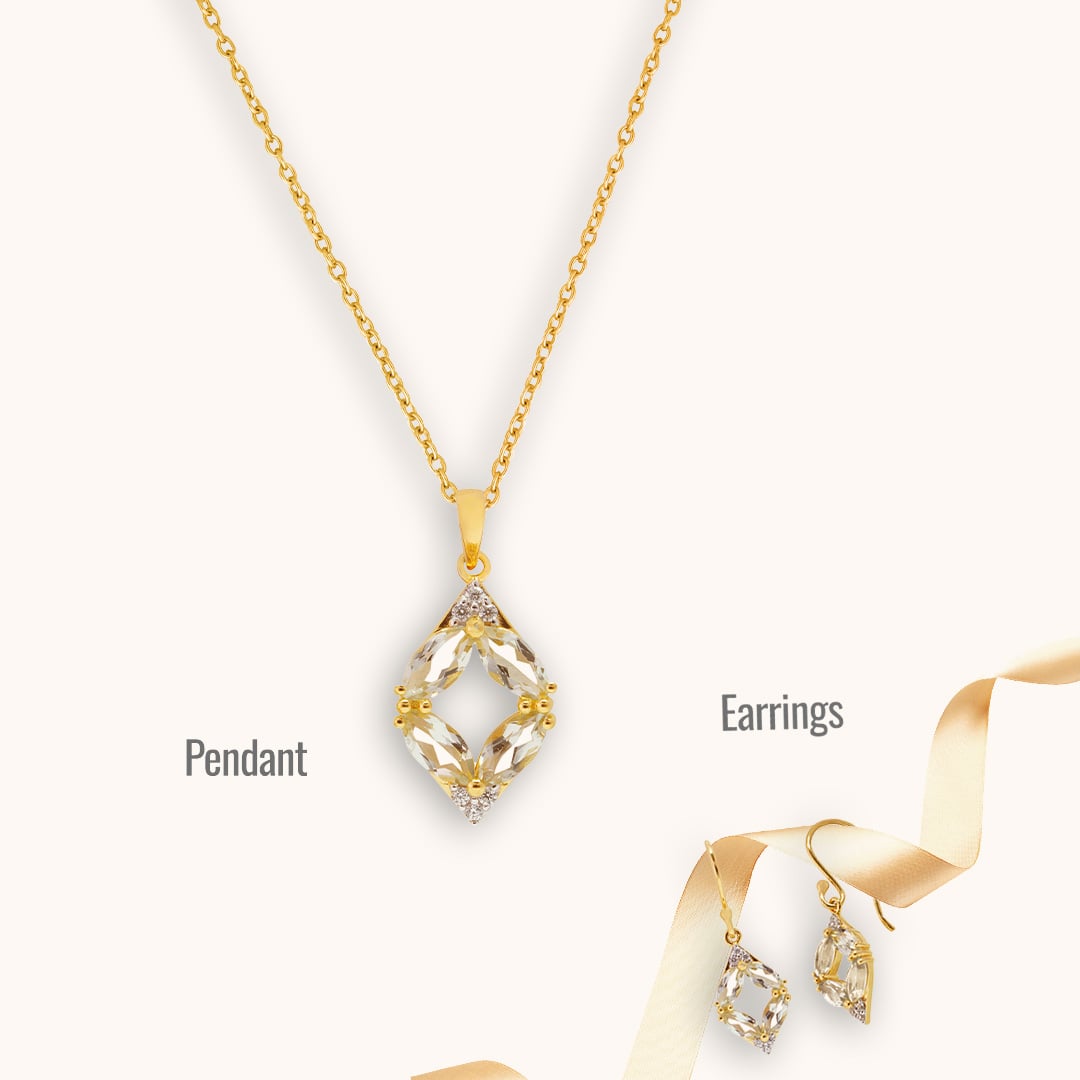 A Combo of Pendant and Earrings with Golden Chain featuring Cubic Zirconia and Light Green Amethyst.
