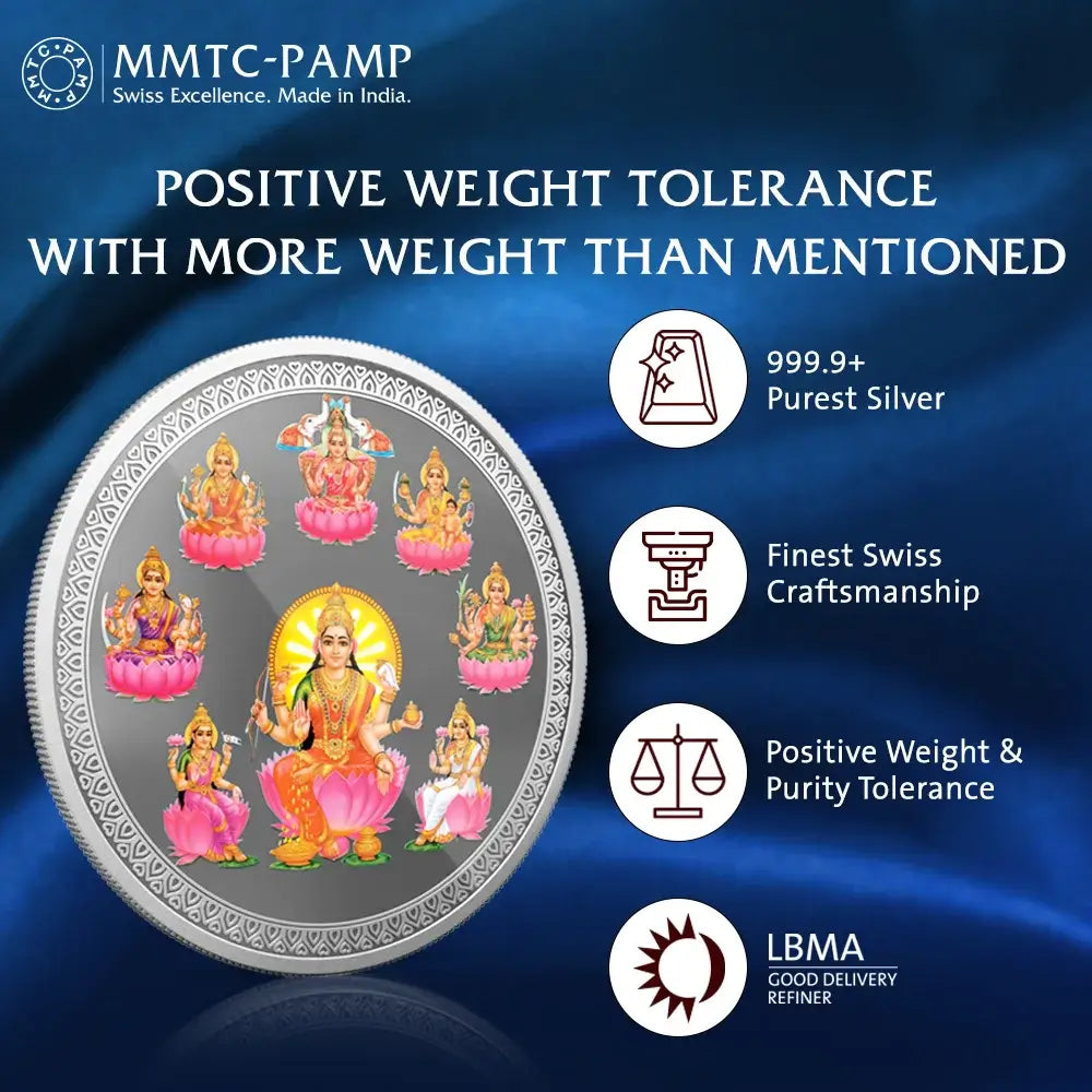 An image of Ashta Lakshmi (999.9) 50 gm Silver Coin.