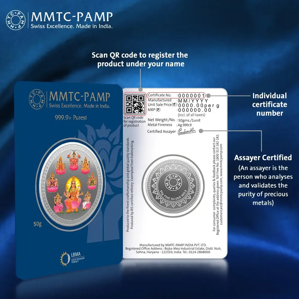 An image of Ashta Lakshmi (999.9) 50 gm Silver Coin.