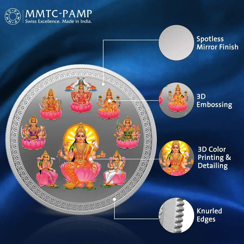 An image of Ashta Lakshmi (999.9) 50 gm Silver Coin.