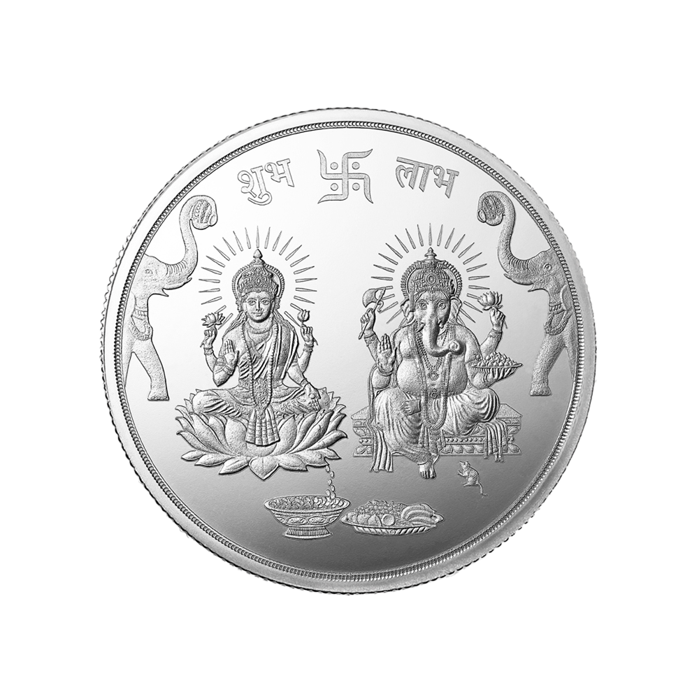 An image containing Ganesh Lakshmi ji 999.9 Purity 10 gm Silver Coin.