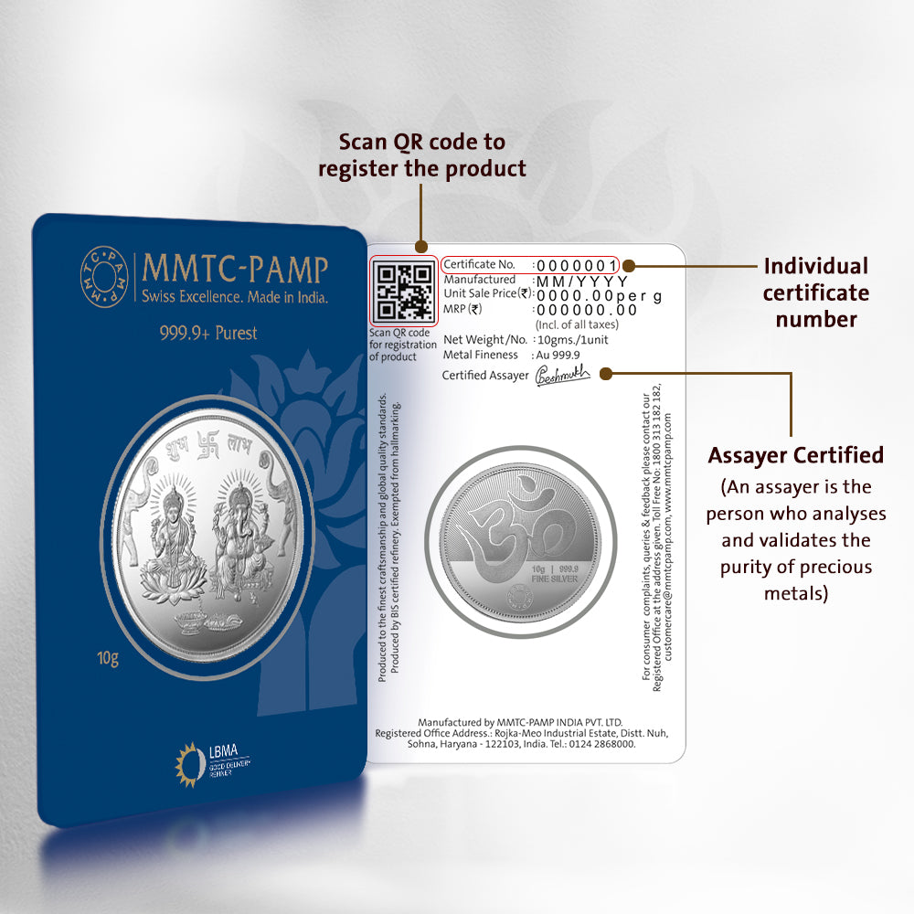 An image containing Ganesh Lakshmi ji 999.9 Purity 10 gm Silver Coin.