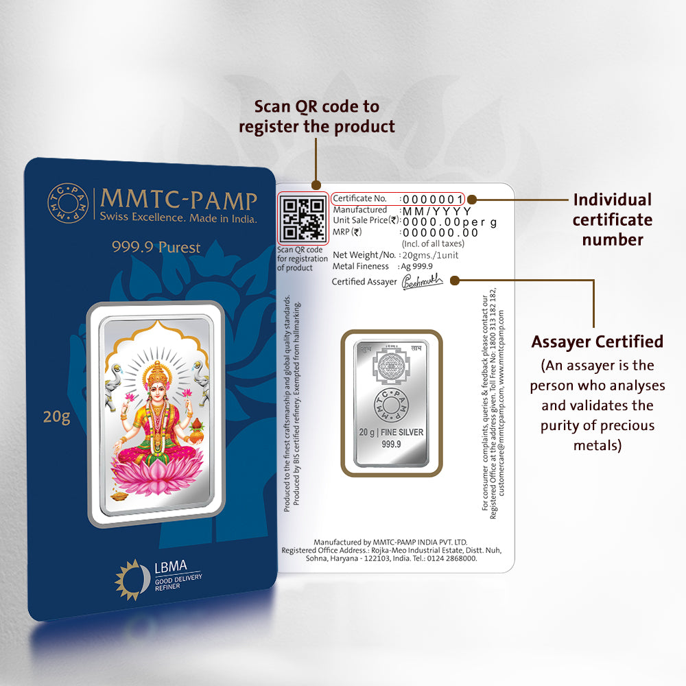 An image containing Laxmi Colored (999.9) Purity 20 gm Silver Bar.