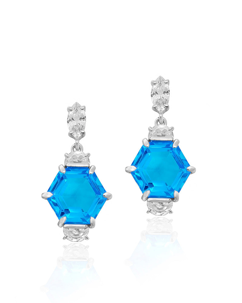 A swiss blue gem earrings for women on white background.