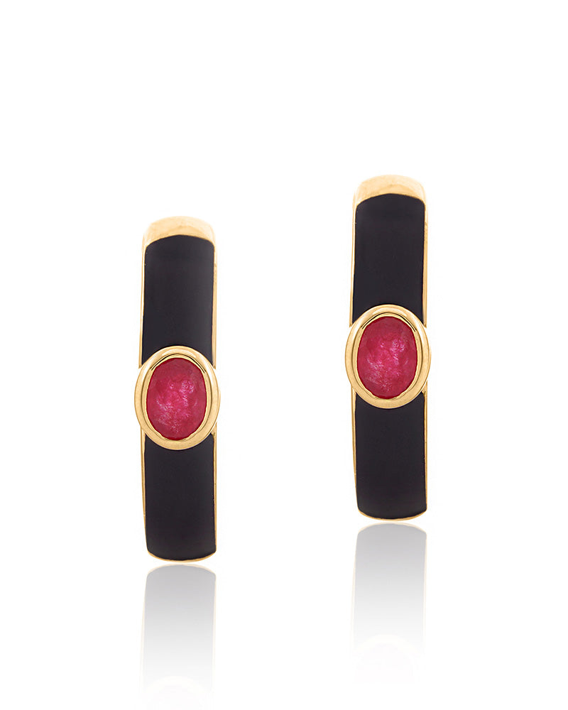 CHIVRI's Feminine Pink Quartz Delight with Bold Black Enamel Hoops.