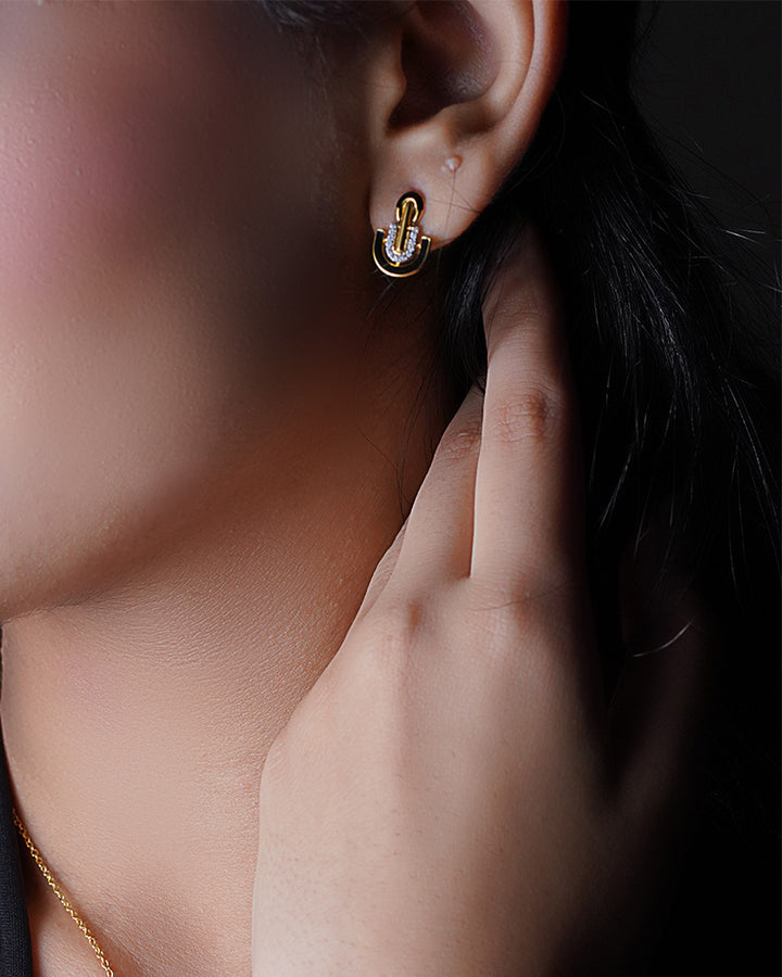 Sleek Black Enamel and Shimmering Cubic Zirconia Earrings