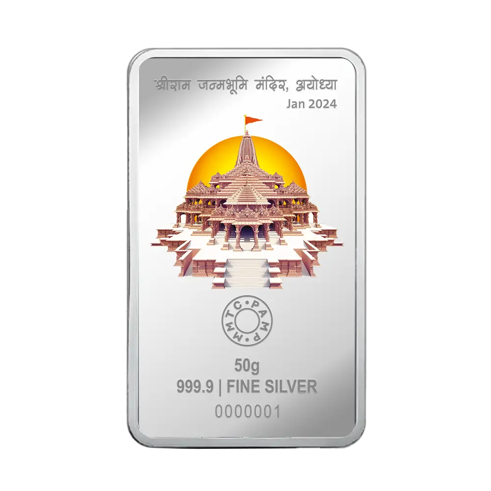 A 50 gm Silver Bar featuring Ram Lalla with 999.9 Purity.