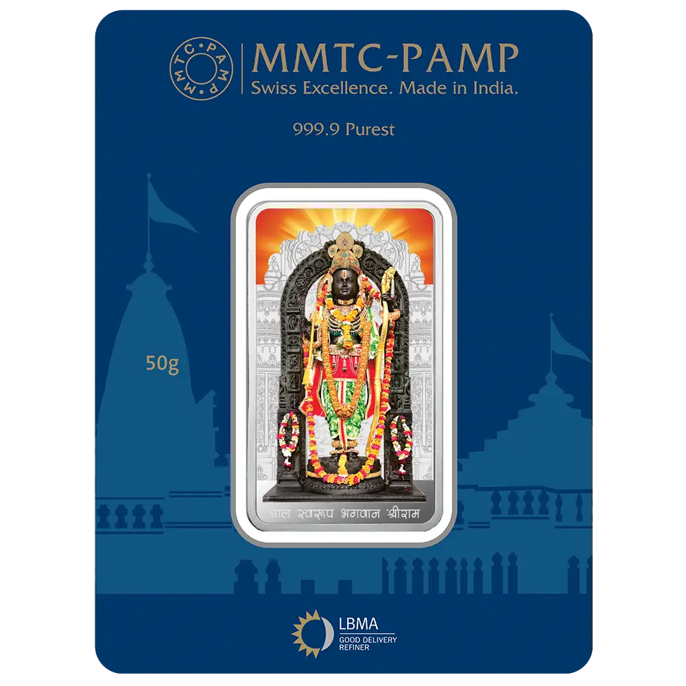 A 50 gm Silver Bar featuring Ram Lalla with 999.9 Purity.
