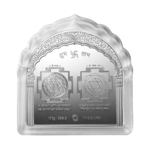 A 100 gm Silver Bar featuring Sukh Samridhi with 999.9 Purity.